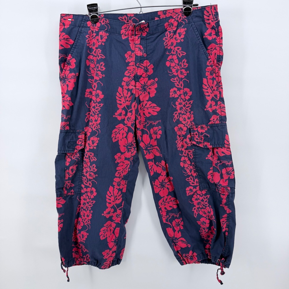 Tommy Jeans Cargo Capri Pants Womens 11 Navy Red Floral Y2K Tropical Drawstring